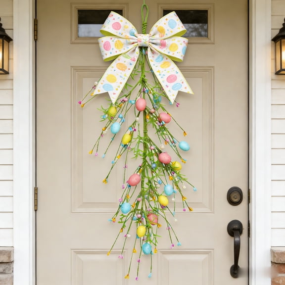 DAMAI 24 Inch Spring Easter Swag Wreath for Front Door, Handmade Pastel Easter Egg with Pip Berry,Pearl Garland for Wall, Staircase, Outdoor & Indoor,Spring Decorations Egg Swags