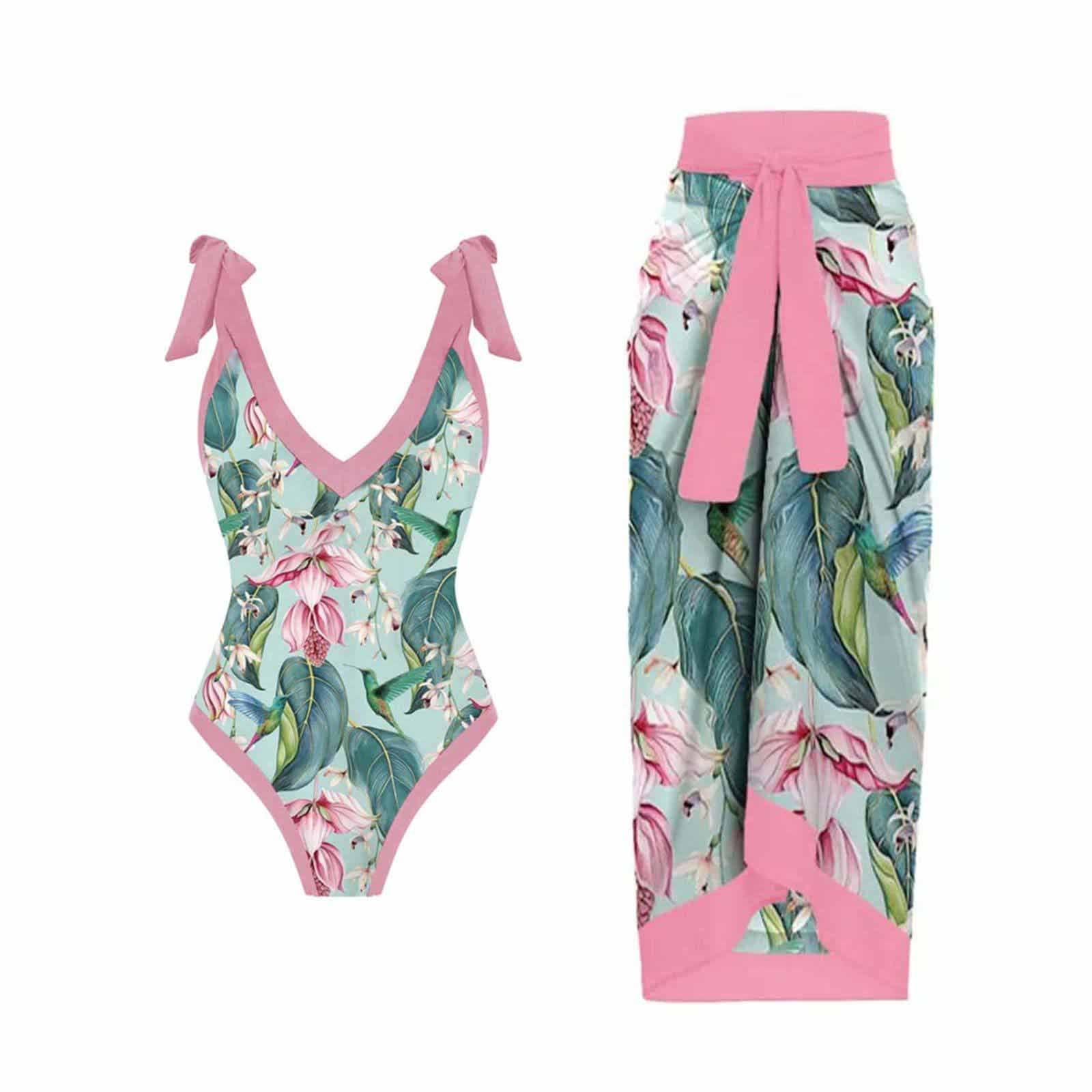 REORIAFEE Womens Romper Swimsuit 2023 Swimwear Bikini Lace Up Swimsuit Long  Skirt Chiffon Two Piece Set Pink M 