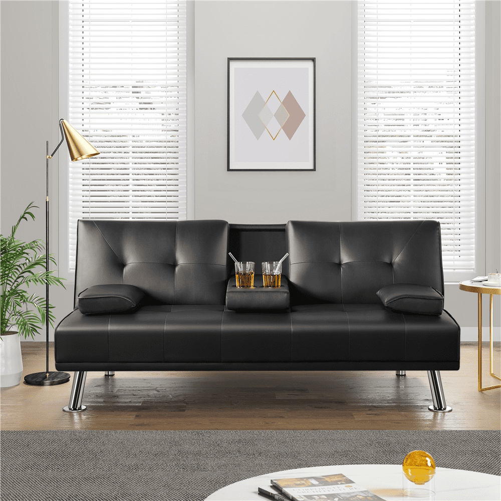 Renwick LuxuryGoods Modern Faux Leather Futon with Cupholders and Pillows, Black  (图2)