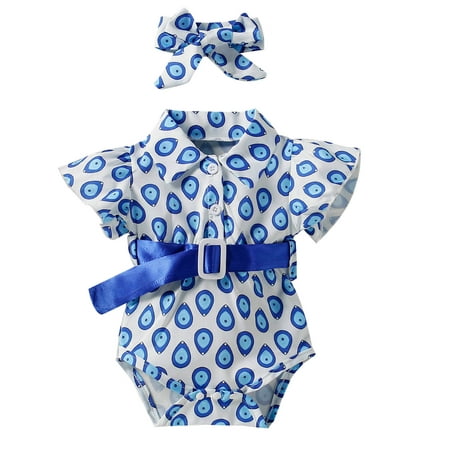 

Mikilon Toddler Baby Girl Fashion Cute Flowers Print Comfortable Belt Romper Jumpsuit Headband Suit Infant Onesies Girls 3-6 Months Blue on Sale