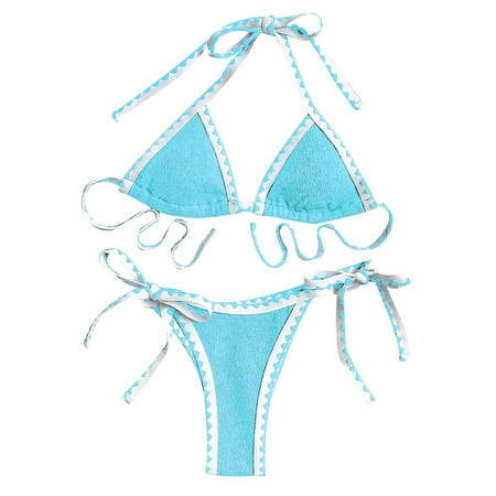 JIANJIA Womens Swimsuits Summer Solid Color Lace Up Halter Brassiere With Thongs Beach Swimsuit Two Piece Bikinis Swimwears Activewear Blue L