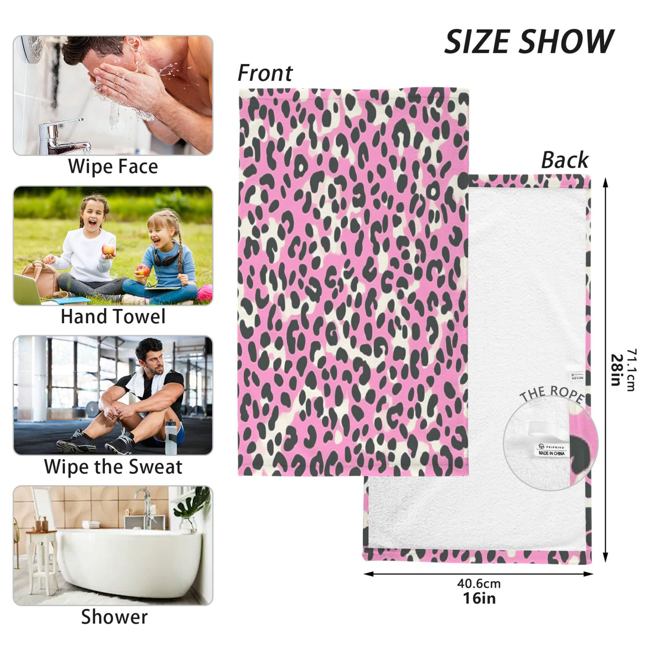 2 Pcs Absorbent Face Towel Bath Hand Towels Soft Breathable Cotton Towel Set for Bathroom Kitchen Hotel Spa Decor Pink and Black Leopard