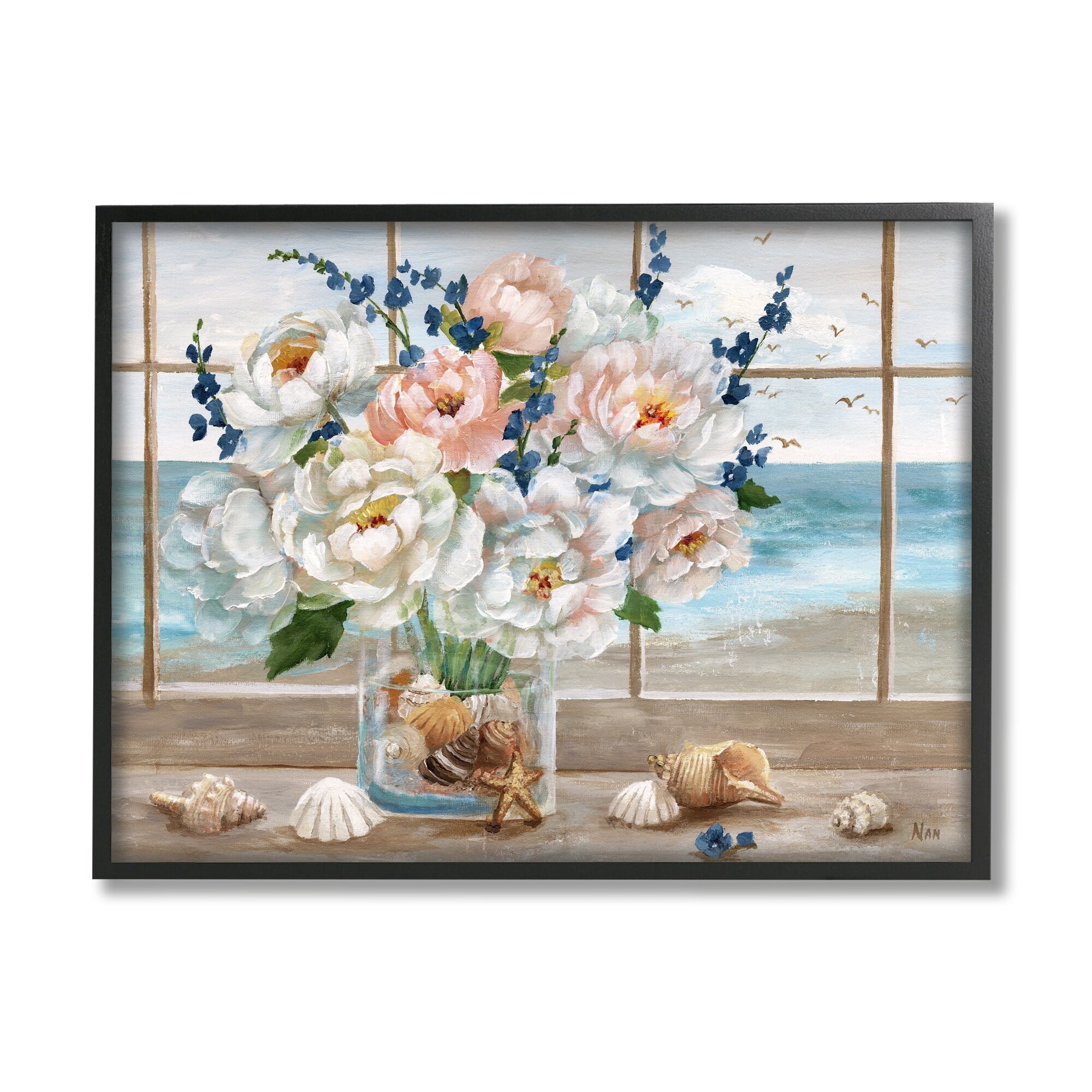 Stupell Industries Beautiful Seaside Peonies Bouquet Vase Beach Seashells, 14 x 11, Design by Nan