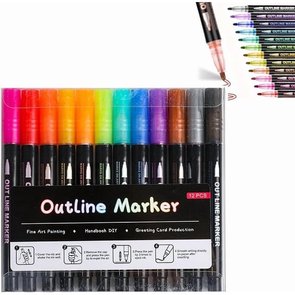 8/12/24/36/48 Colors Double Line Outline Art Pen Marker Pen Metallic Glitter Markers for Adults, Shimmer Dual-Line for Scrapbook Greeting Cards DIY Crafts Christmas Gifts