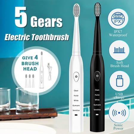 Electric Toothbrush 5 Modes USB Rechargeable With Auto Timing, Oral Care Teeth Electronic Cleaning Health Waterproof + 4/8 Brush (Best Way To Clean Teeth Without Toothbrush)