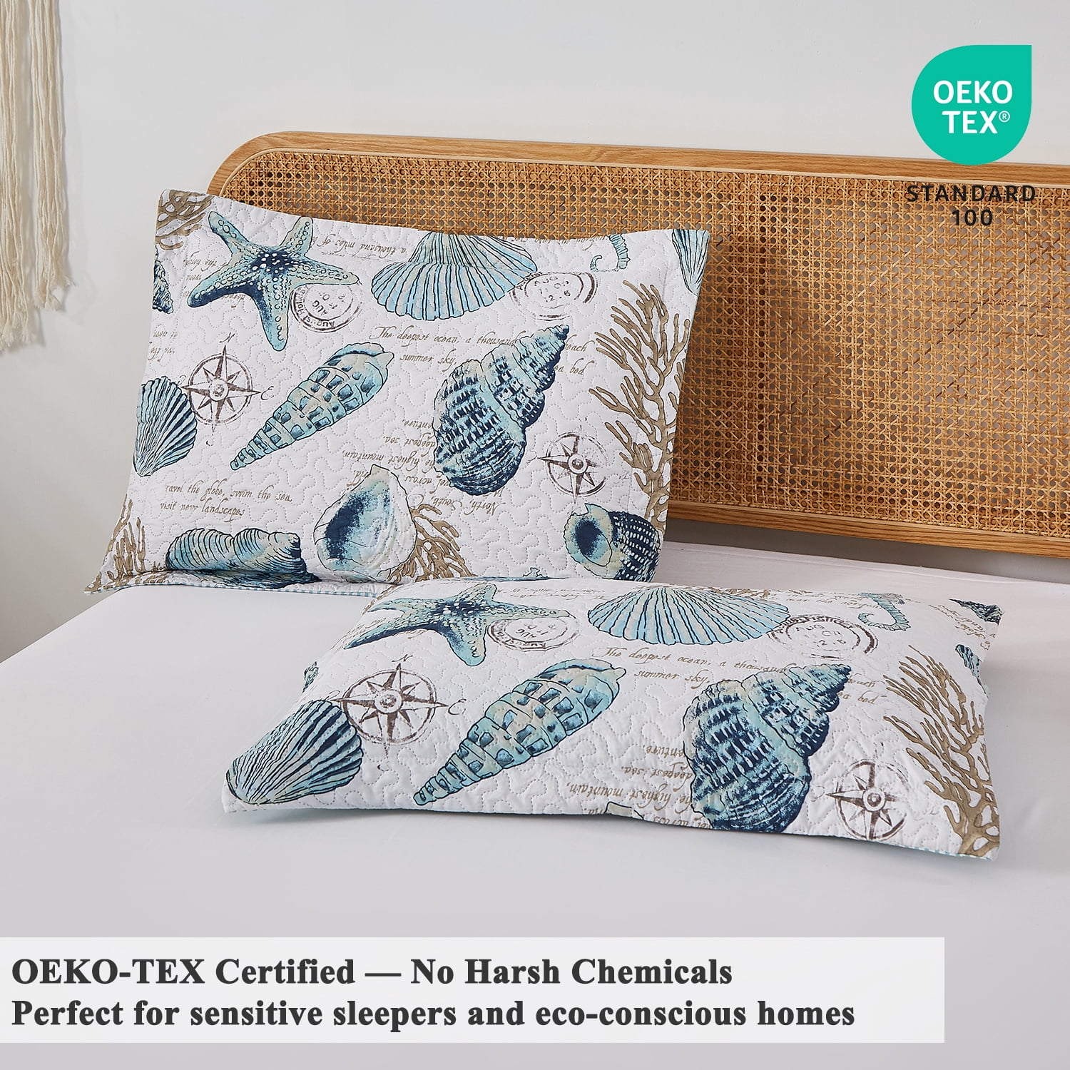 Jessy Home Shell Quilt Queen/Full Size Coastal Beach Bedspreads Microfiber Bedding Set