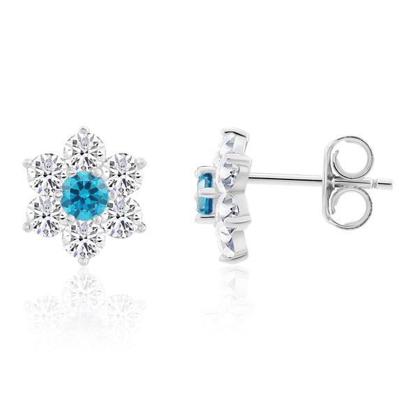 Tilo Jewelry Solid Silver Blue Aquamarine March Birthstone Flower Stud Earrings with Secure Push-Backs for Women & Unisex