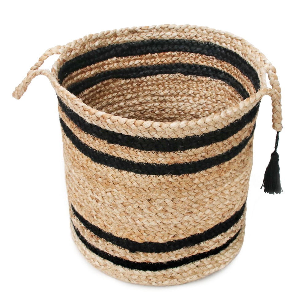 LR Home Woven Round Jute 17" Storage Basket with Handles, Black Double Stripe