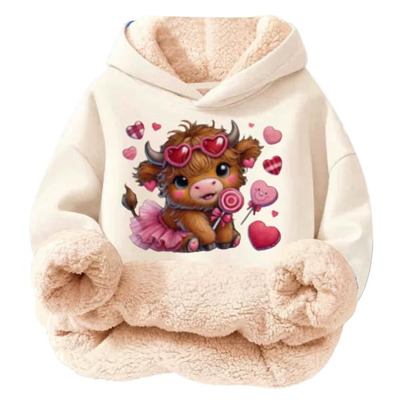 XUELUO Little Girls Hoodies Drawstring Long Sleeve Fleece Lined Cow Heart Print Hood Tops Early Spring Warm Clothes With Pockets