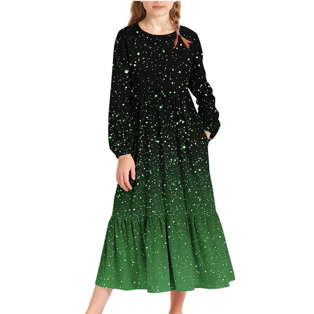 Yanlir Robe à Manches Longues à Col Rond pour Filles avec Poches Latérales, Imprimé Dégradé Mode, Robe Maxi Décontractée de Fête pour Enfants 4-15 Ans (Vert, 8-9 Ans)