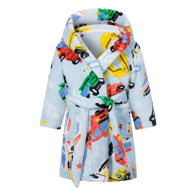 Splozh Kids Robes Childrens Flannel Robe Cartoon Print Home Fleece Bathrobe for Boys and Girls with Pockets Light Blue,4-5 Years