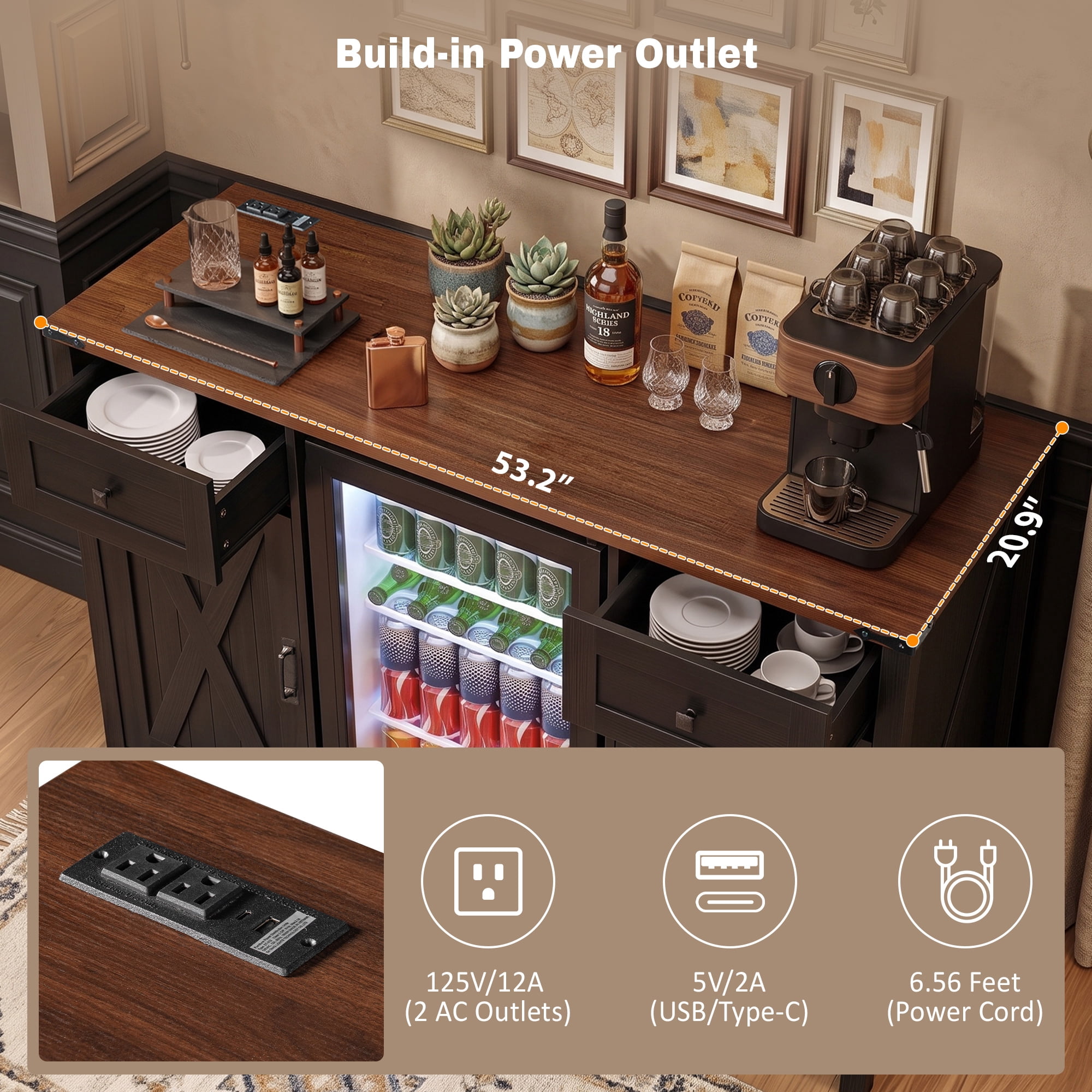 Mintazer 53.2" Farmhouse Coffee Bar Cabinet with Fridge Space & Charging Station, Barn Doors Sideboard Buffet Storage Cabinet with Drawers & Wine Glass Rack for Kitchen Dining Room Home Bar, Black