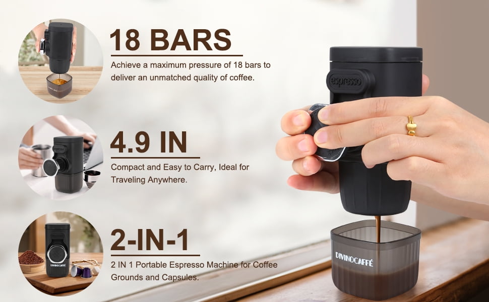 Mini Espresso Machine, Portable Espresso Maker Compatible for Capsules and Coffee Powder, Small Travel Coffee Maker, Manually Operated, 15 Bar Pressure, Perfect for Camping.