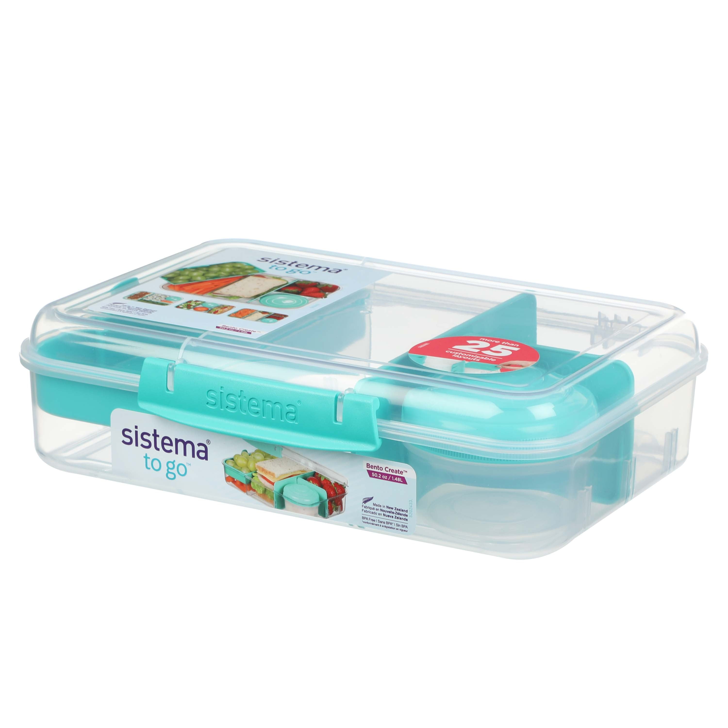 Sistema To Go Bento Box Create, Lunch Box with Compartments & Snack Container, 1.48 L, BPA-Free, Minty Teal, BPA-Free