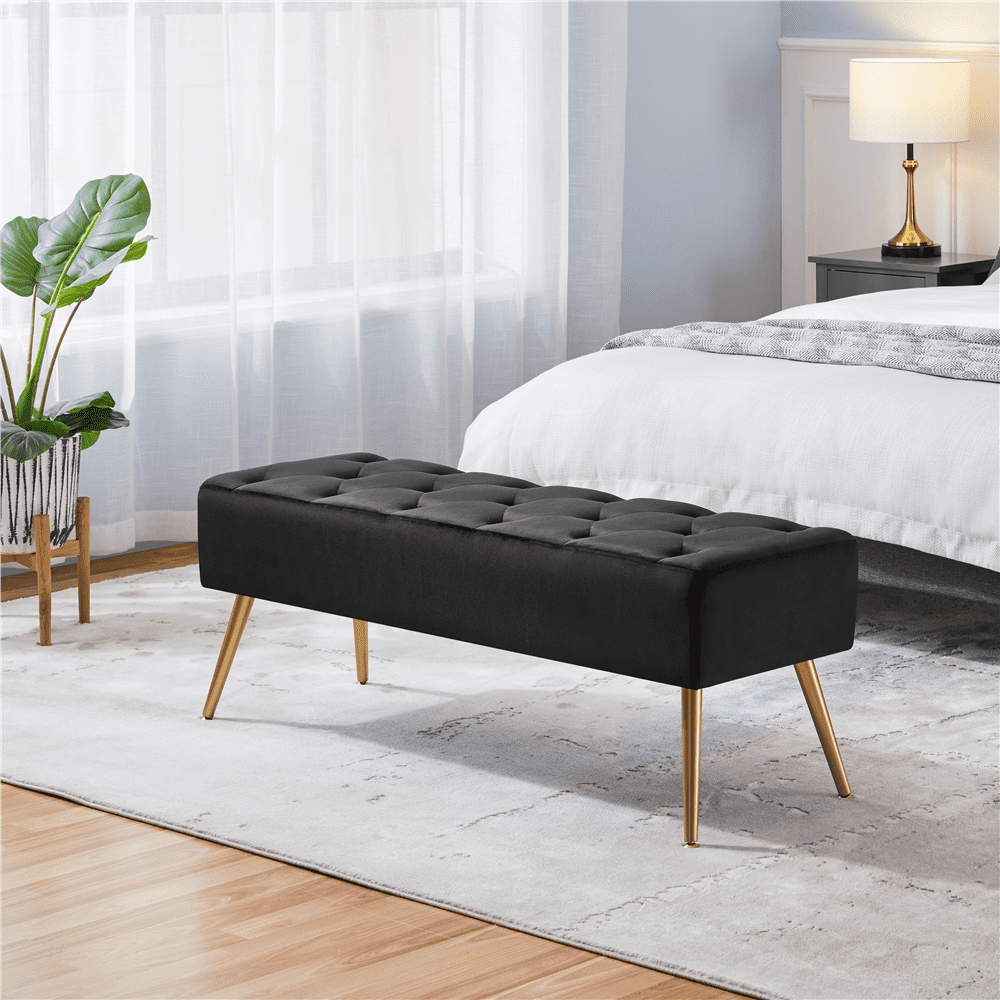 Alden Design Modern Upholstered Velvet Ottoman Footstool Bench for Bedroom, Black