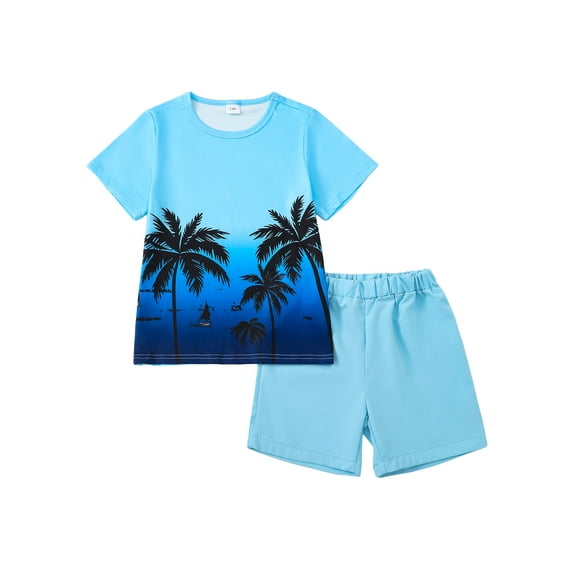 KIMI BEAR 7 Years Big Boys Outfits 8 Years Teen Summer Clothes Sets Short Sleeves Coconut Print T-shirt Top Solid Color Shorts Set 2pcs Clothing Blue