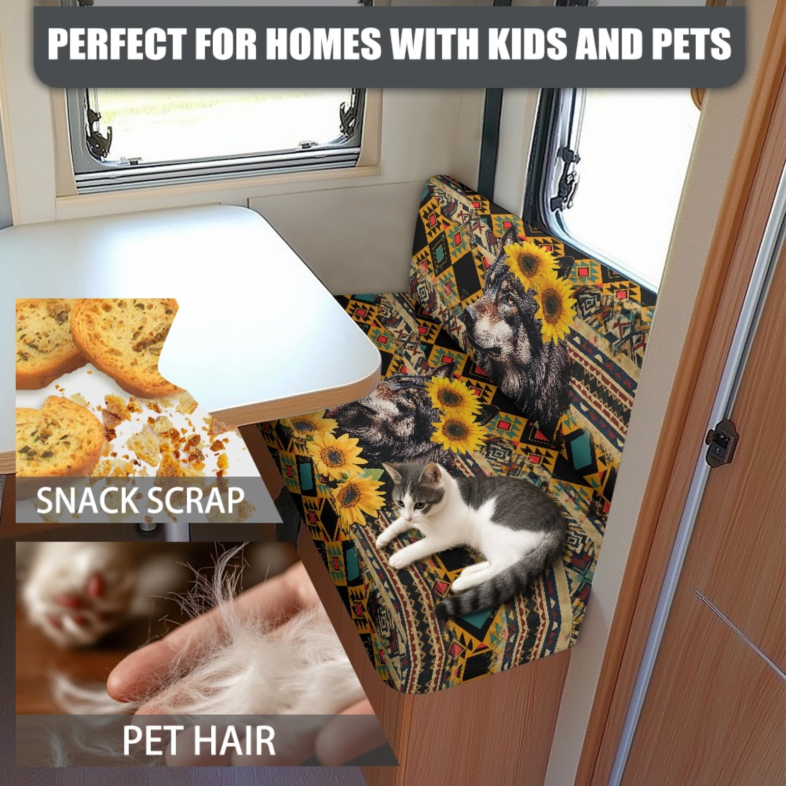 Kuiaobaty Anti-Slip RV Dinette Cushions Covers Couch Cushion Slipcovers RV Sofa Seat Slipcovers Sofa Slipcovers for RV Camper Car Bench, American Tribal Wolf Sunflower Pattern