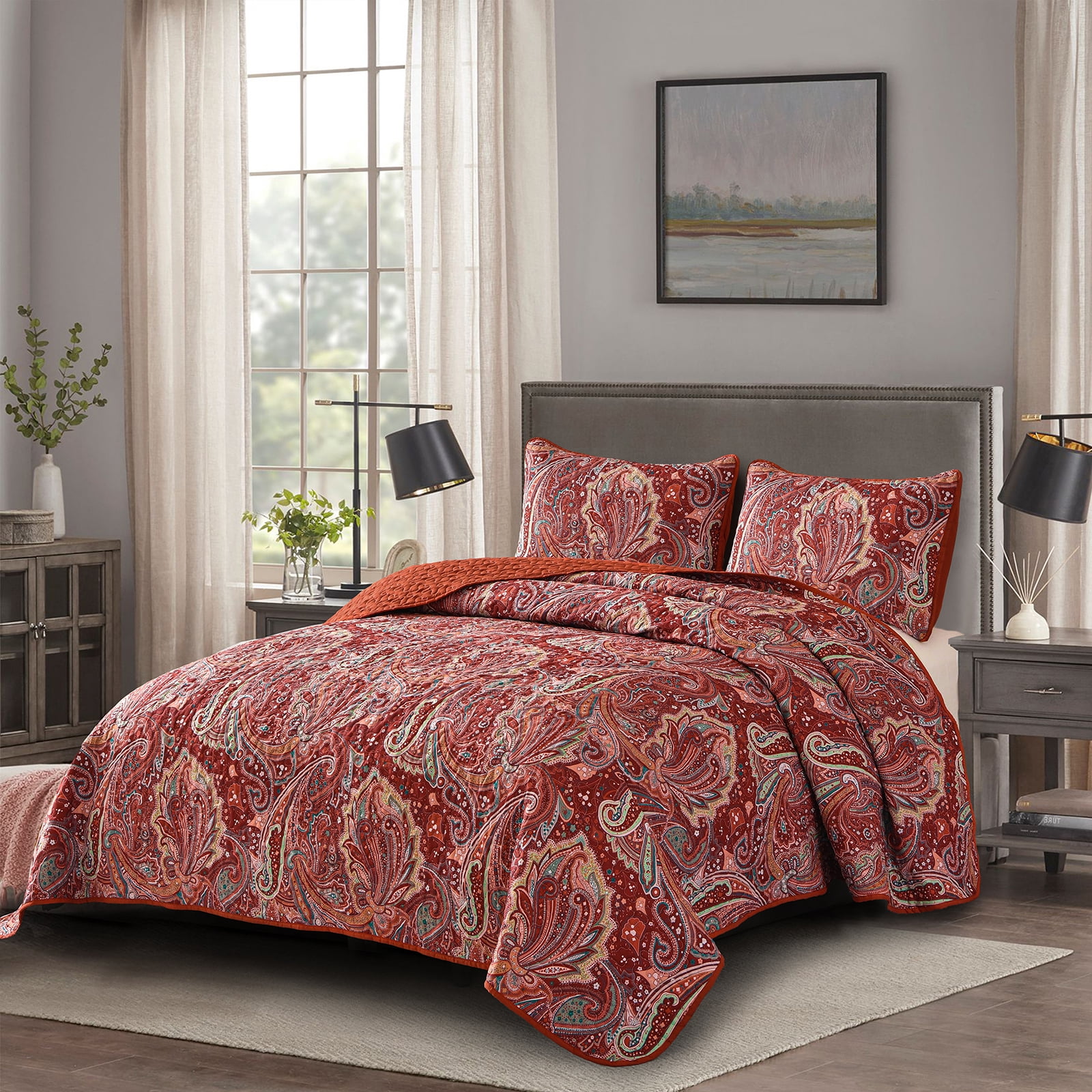 Dintszyayue Brick Red Paisley Quilt Set Queen Size,1Bedspreads and 2Pillowcases Adult Coverlets(90"x110")