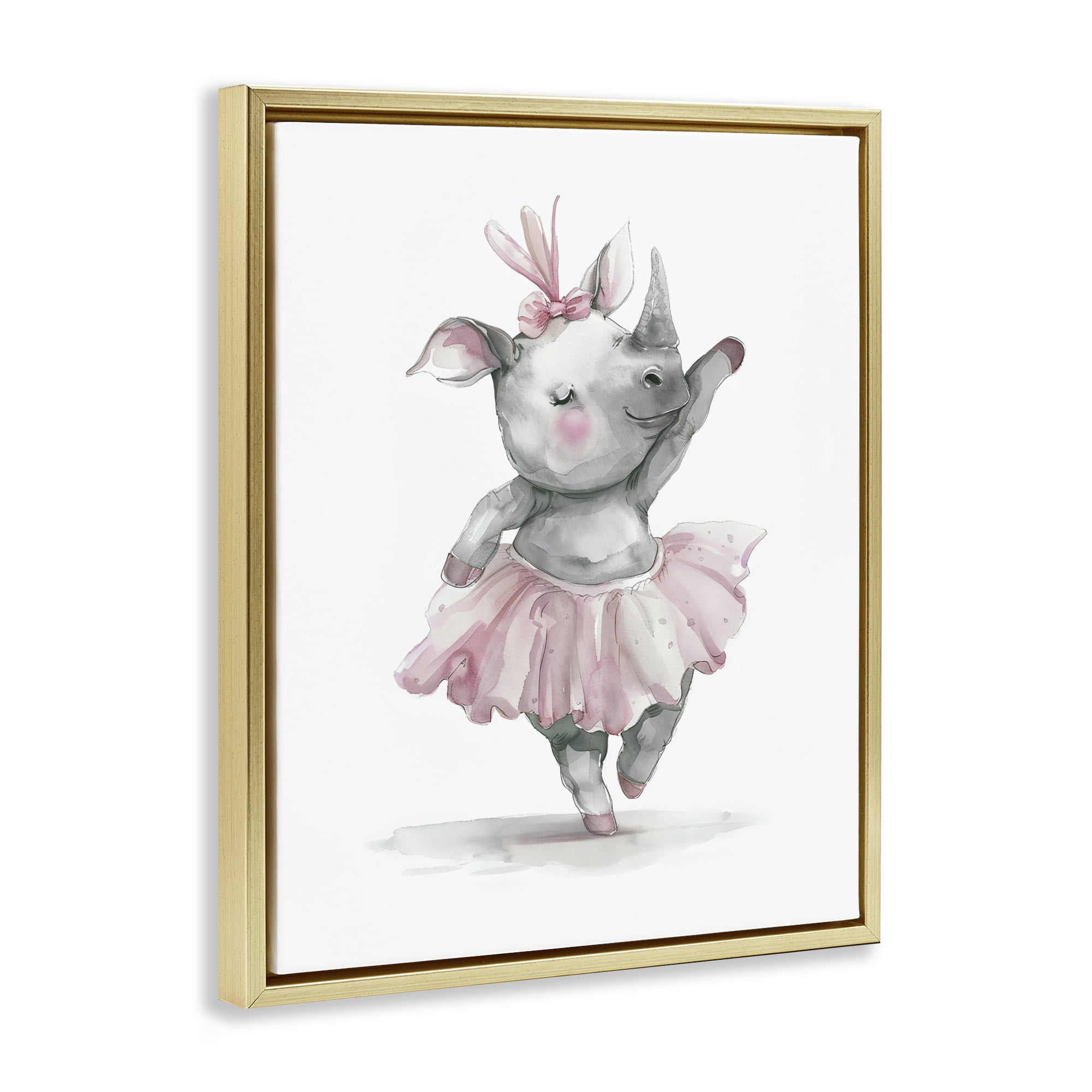 Stupell Industries Ballerina Rhino in Pink Tutu Gold Framed Floater Canvas Wall Art, design by LSR Design Studio