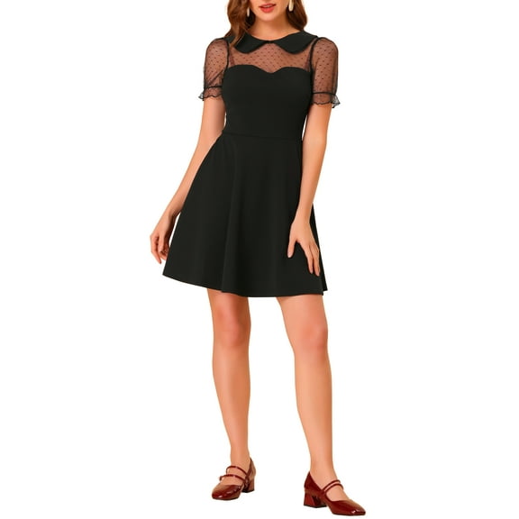 INSPIRE CHIC Women's Retro Peter Pan Collar A-Line Mesh Sleeve Short Dress XS Black
