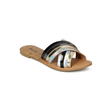 

New Women Qupid Athena-1197 PU Holographic Strappy Open Toe Slip On Sandal