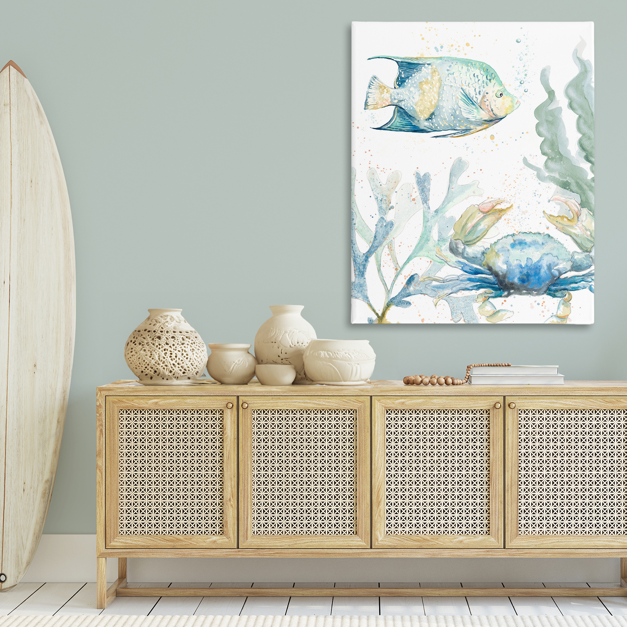 Stupell Industries Crab & Fish Scene Animals & Insects Painting Gallery Wrapped Canvas Art Print Wall Art, 36 x 48
