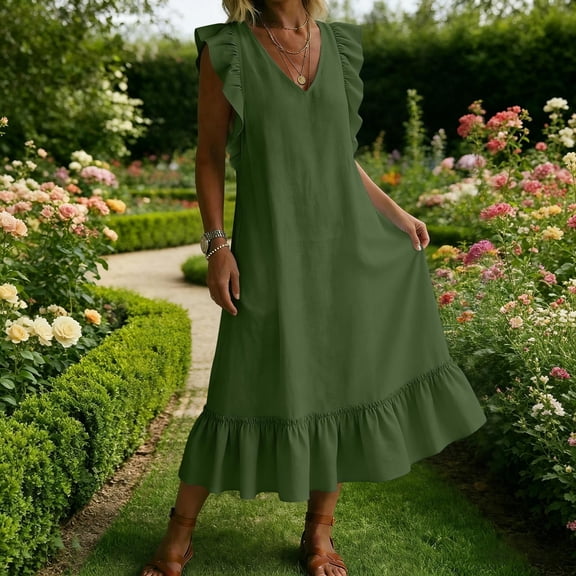ClodeEU Women's V Neck Ruffle Cap Sleeve Tiered Midi Dress,Casual Flowy A-Line Swing Sundress Army Green,Women's Plus L