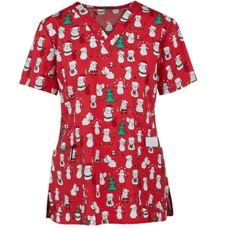 

Women s Nursing Scrub Tops Printed Uniform Merry Christmas Flowers Shirt women short sleeve Nursing style with pocket Christmas style fashionable women Nursing T-shirt women short M Red