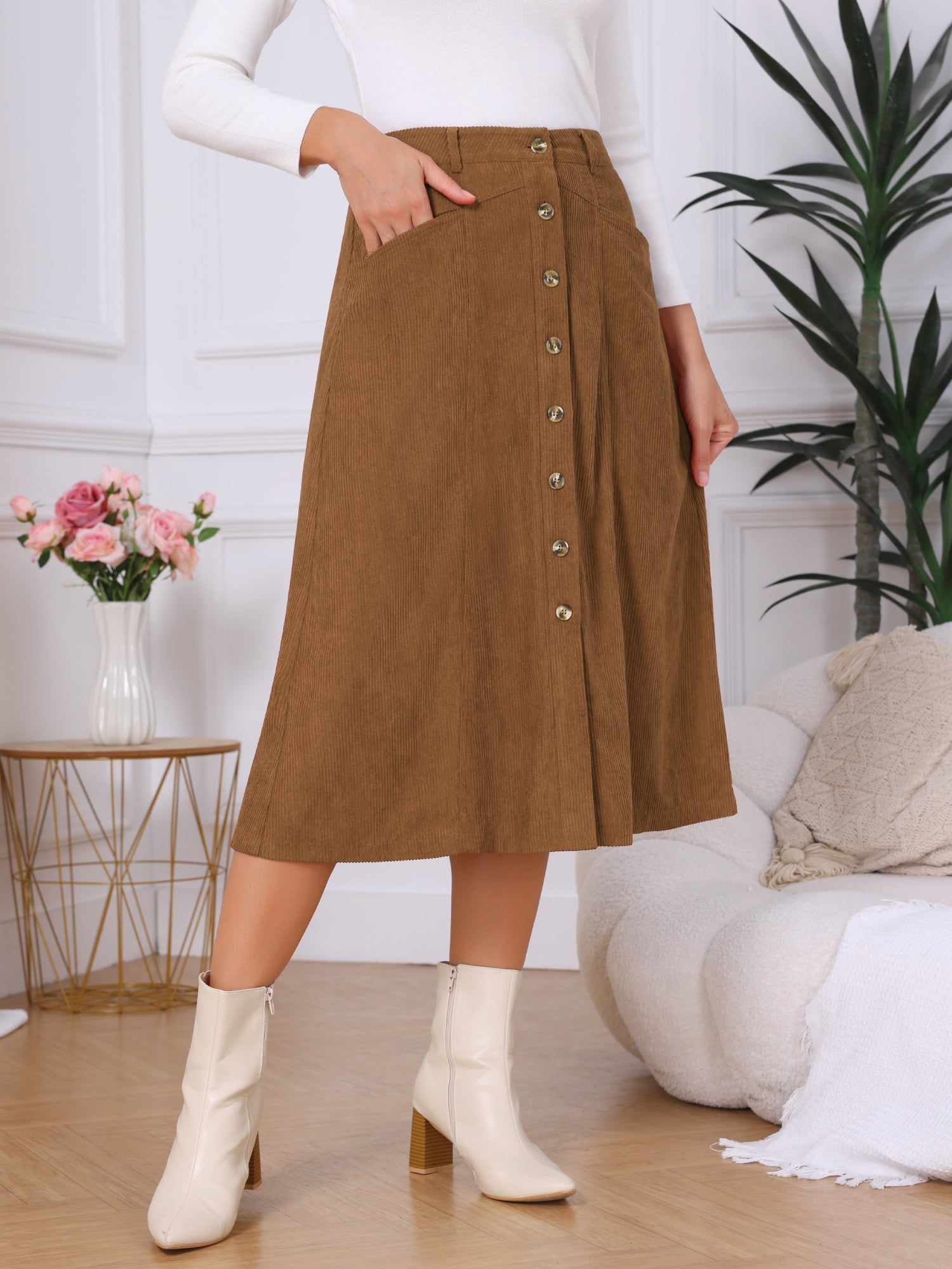 DARING DIVA Women's Corduroy A Line Midi Button Down Pockets Skirt M Brown