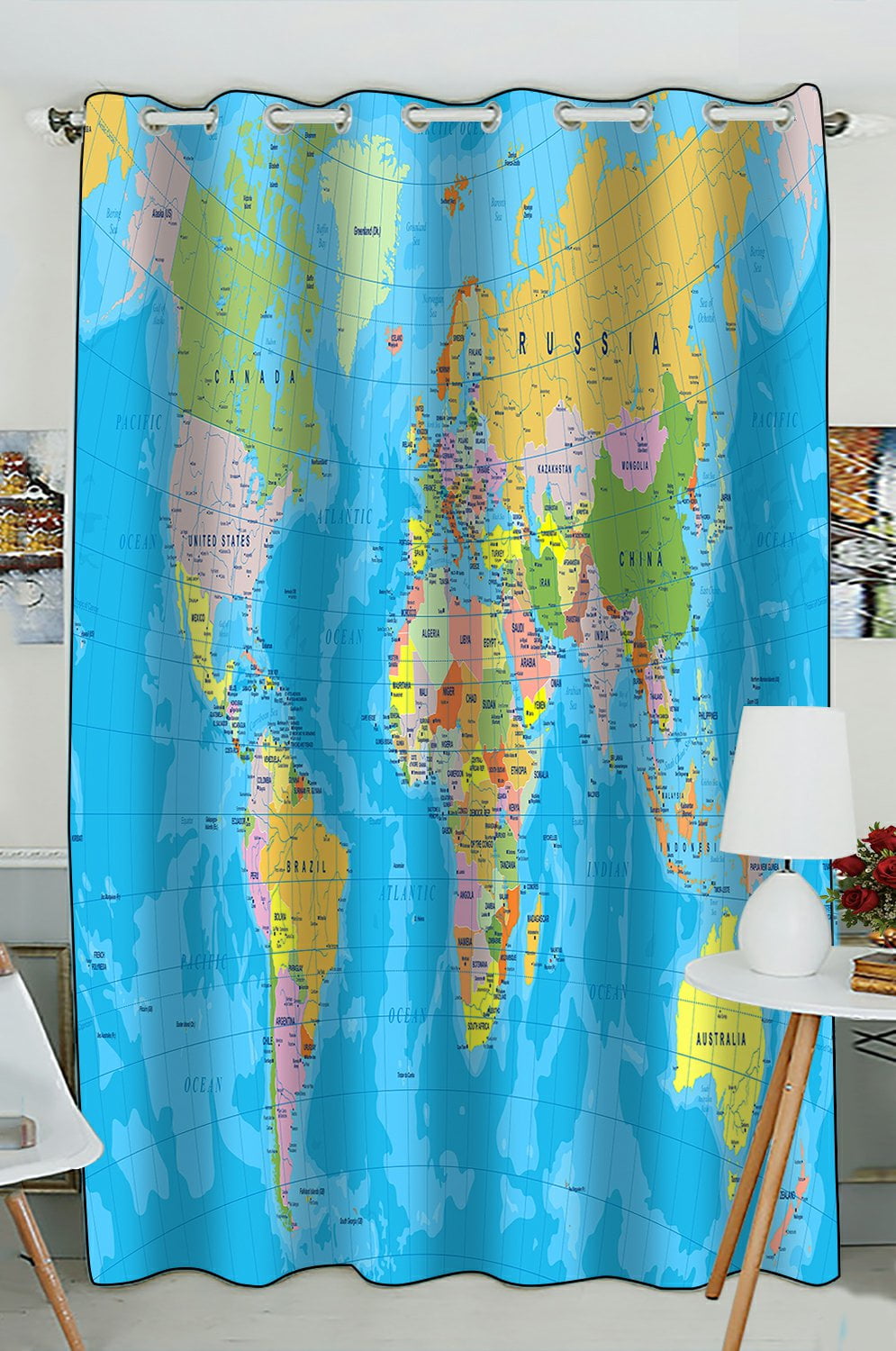 PHFZK Educational Window Curtain Colored World Map With