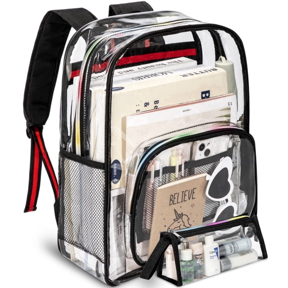 KOITHOT Clear Backpacks Heavy Duty, Large Capacity Waterproof Transparent Backpacks for Adults, Bookbags with Matching Pouch for School Stadium College, Black