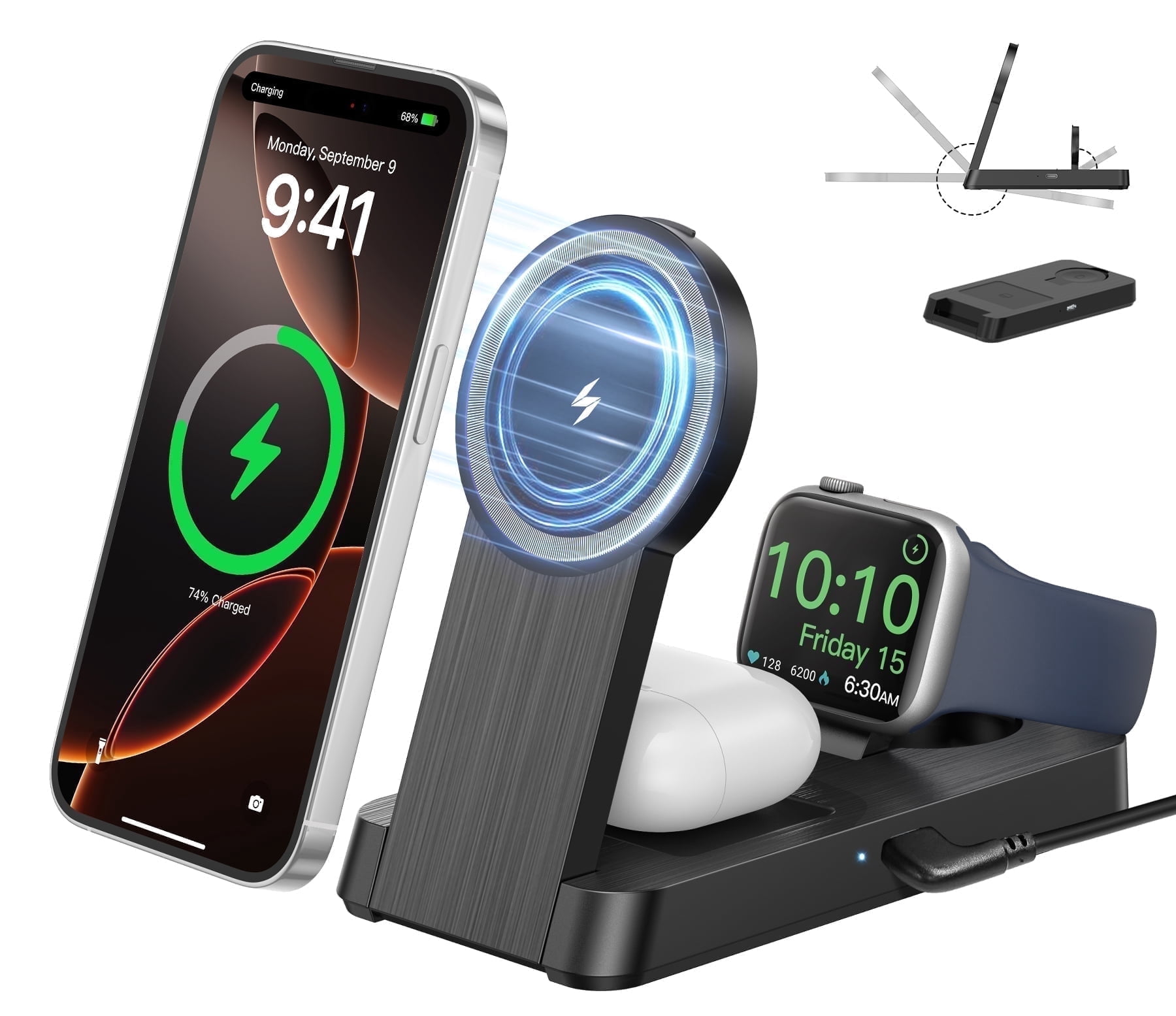 ETEPEHI 3 in 1 Magnetic Charging Station - 2026 Foldable Wireless Charger Compatible for iPhone 17/16/15/14/13/12 Plus Pro Max, Portable Charger Dock for iWatch & AirPods