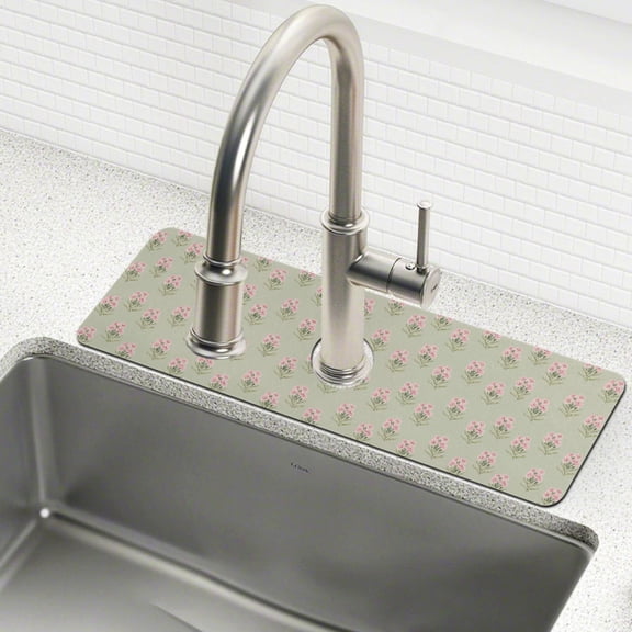 Yayeee Faucet Mat for Kitchen Sink 14.7" Diatomite Long Splash Guard Pad, Green Wildflowers Pattern