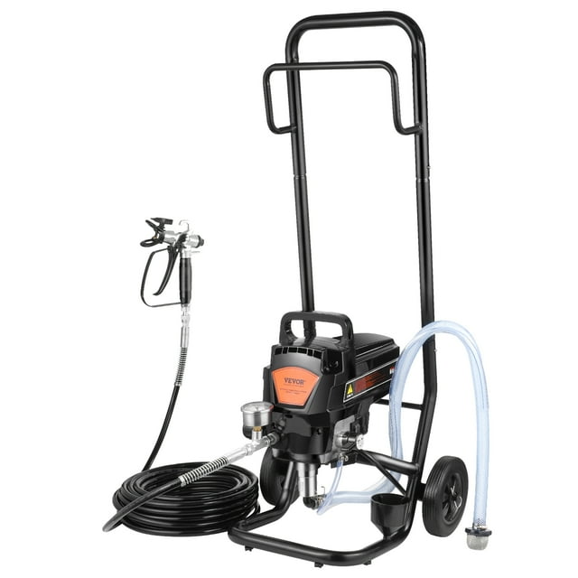 VEVOR Stand Airless Paint Sprayer with a 950W motor, 3000 PSI pressure, and fan-shaped atomization for fine, even coatings. Features a durable all-metal frame, rubber wheels, and a detachable pump for easy cleaning. Includes a high-pressure spray gun, 50 ft hose, and adjustable gears for precise paint control. Suitable for medium to large projects like walls, ceilings, and furniture.