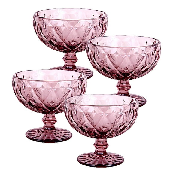 STP GOODS Vintage Embossed Glass Dessert Bowl Set of 4 pcs 8.45 fl oz (250 ml) Glass Candy Bowl Serving Bowl with Stem Ice Cream Bowl for Pudding Fruit Snack Trifle Appetizes, Burgundy