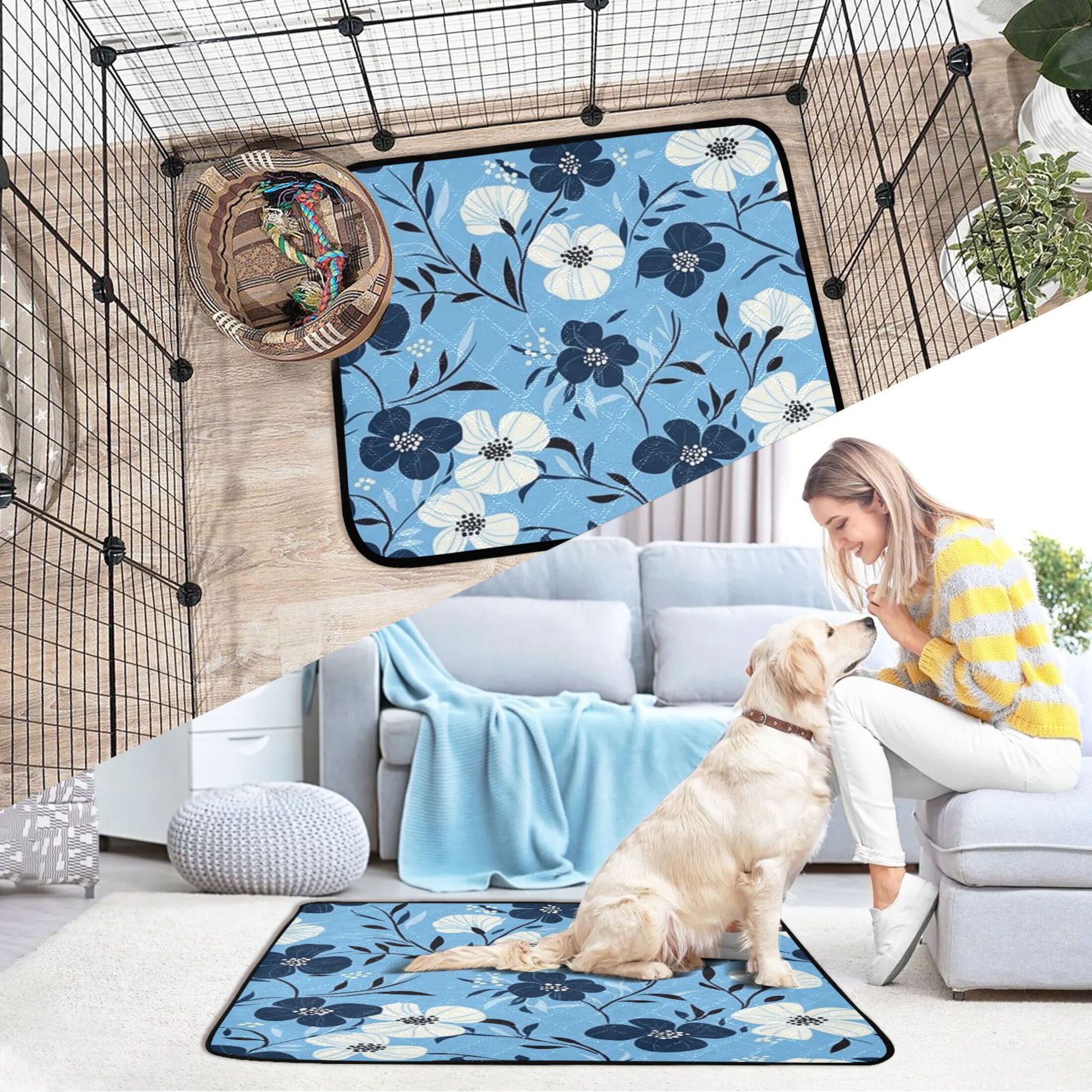 Washable Pet Pee Pads with Super Absorbent Reusable Training Pads for Dogs & Cats White and Navy Blue Flowers