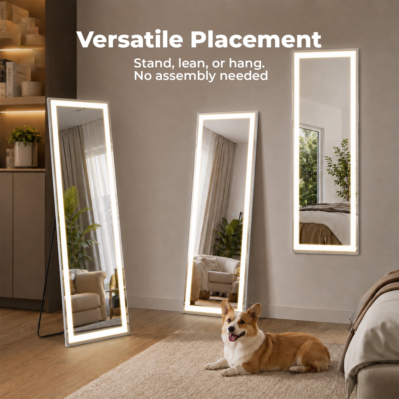 Alvantor Full Length Mirror with LED Lights,Lighted Full Body Floor Mirror with Dimming & 3 Color Lighting, Stand for Bedroom, Dressing Room, Rect/Arched