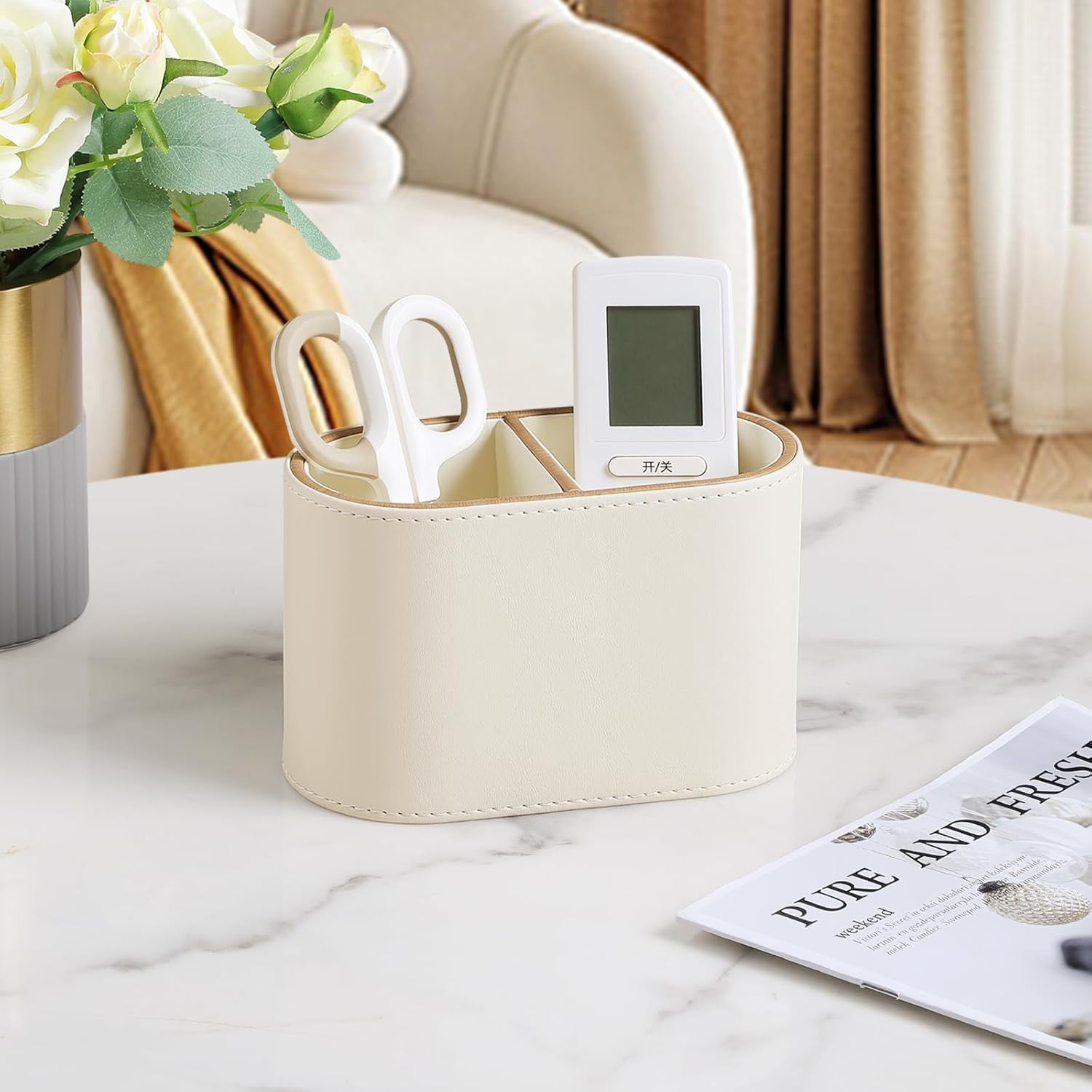 ABCISI PU Leather Pen Holder for Desk, Small Remote Control Holder Pencil Cup Multifunctional Desktop Organizer Caddy for Home School Office Desk Accessories - 2 Compartments (Beige)