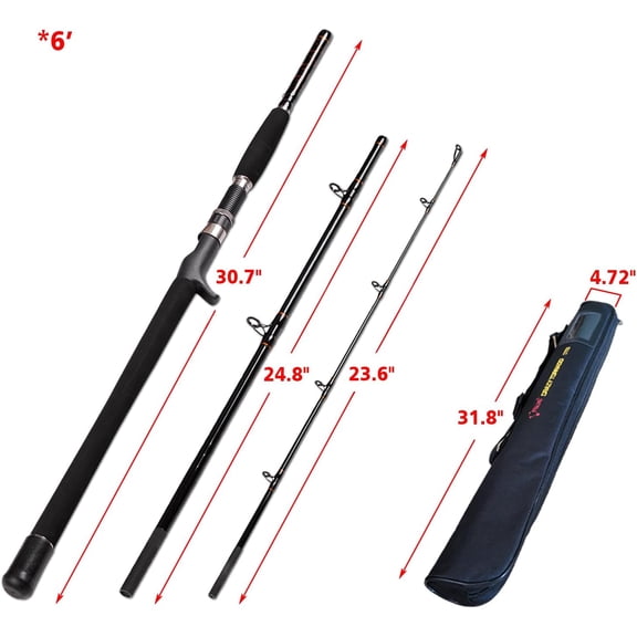 Portable Saltwater Offshore Heavy 3-Piece Travel Graphite Baitcasting Fishing Poles Casting Boat Jigging Trolling Conventional Rods with Rod Case Bag (6'/7'/8')