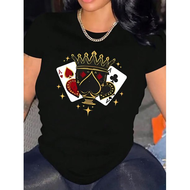 Camiseta Básica para Mujer Verano TranspirableElegant Style, Women's Casual Crown of Spades Graphic T-Shirt - Stylish Round Neck Short Sleeve, Comfortable Polyester Blend, Perfect for Summer Fashion