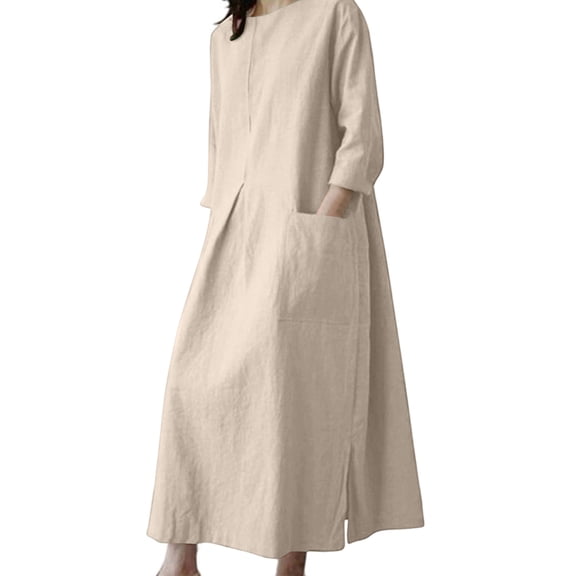 HAPIMO Women Maxi Dress With Crew Neck Large Pockets Loose For Loungewear And Casual Home Wear Beige L