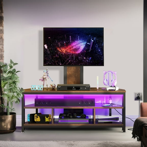 DWVO TV Stand Mount with Power Outlet, Swivel Entertainment Center with LED Lights for TVs up to 70 inches, Brown