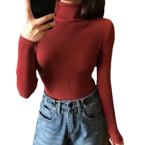 Women Multicolor Turtleneck Sweater Autumn Solid Color Basic Long Sleeve Slim Fitted Jumpers Ribbed Knit Pullover Top
