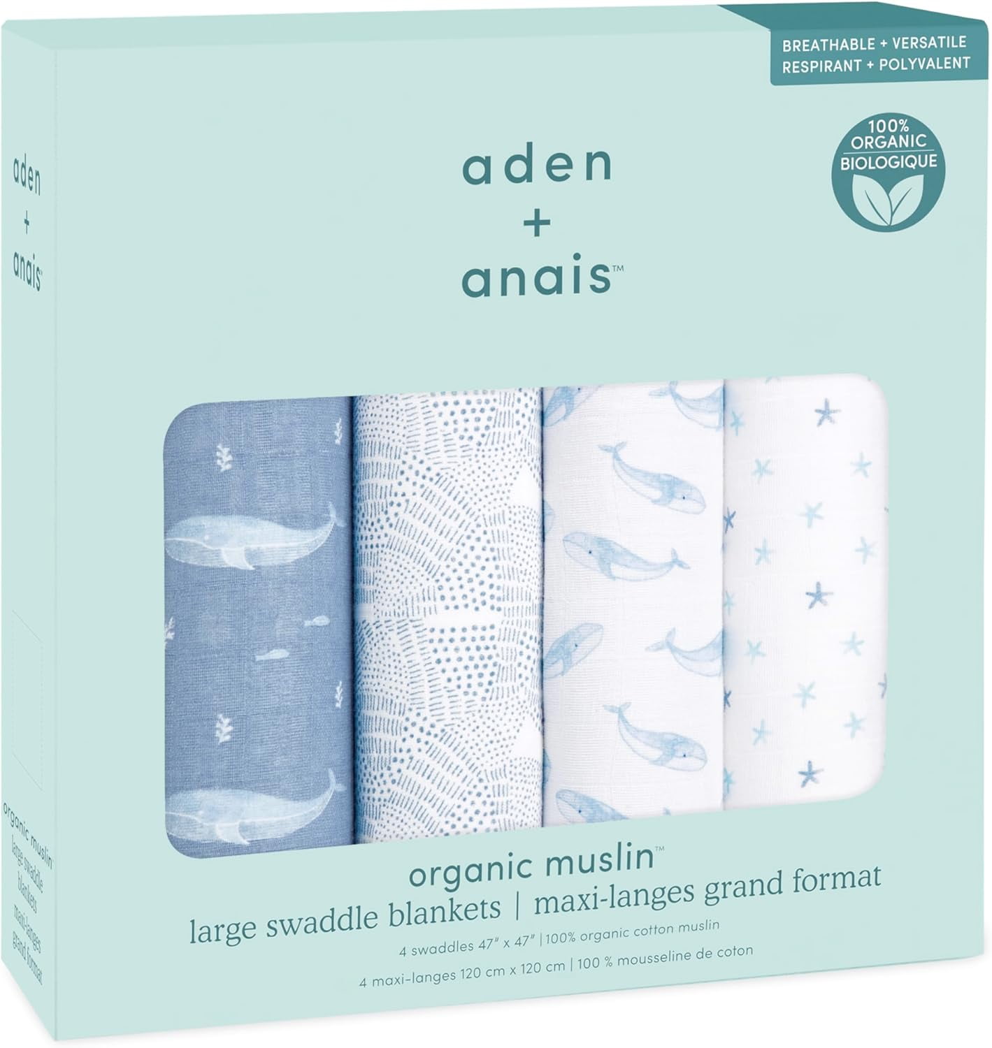 aden + anais Organic Cotton Muslin Swaddle Blanket, Blue Oceanic, Unisex, 4-Pack