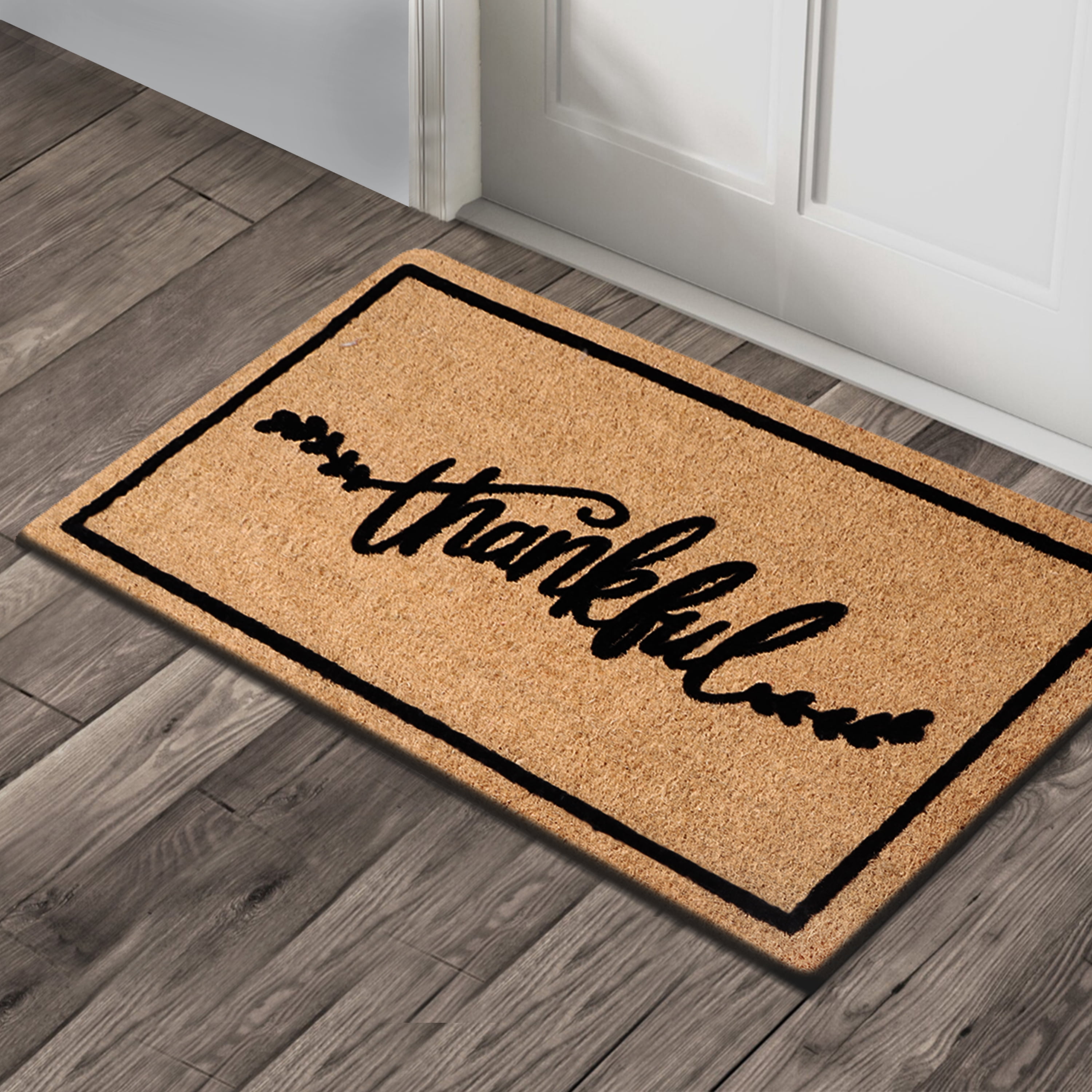 A1HC Natural Coir Flocked Doormat, Thankful Black, 24"x36", Durable Outdoor Welcome Mat