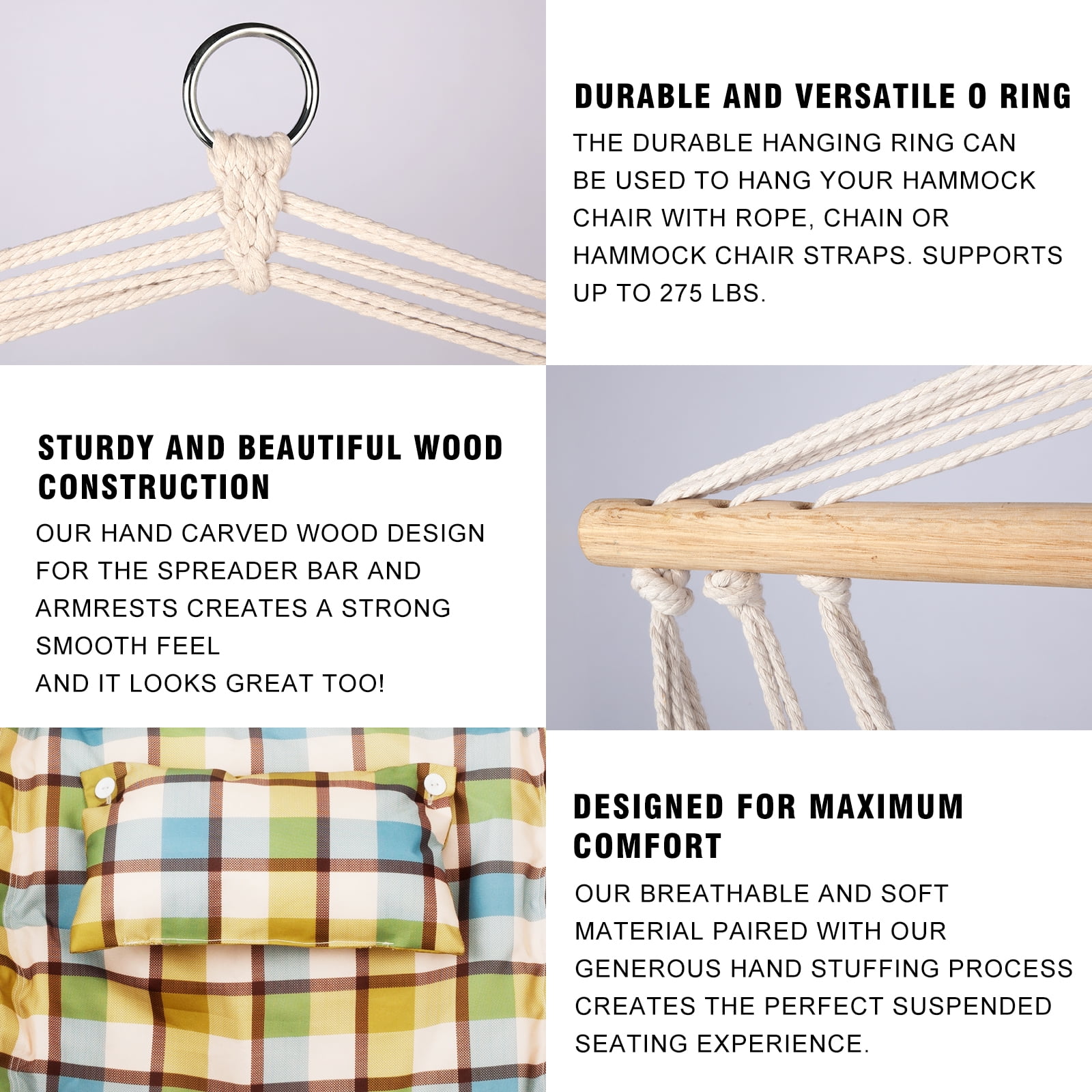 Hanging Chair with Pillow & Arms-Green Plaid