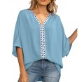 thumbnail image 4 of USSUMA T-Shirts for Women Trendy Solid Color Women's Shirts and Blouses Batwing Short Sleeve Female Tops Dressy Casual Summer Oversized Chiffon Boho V Neck Plus Tunics Beach, 4 of 8