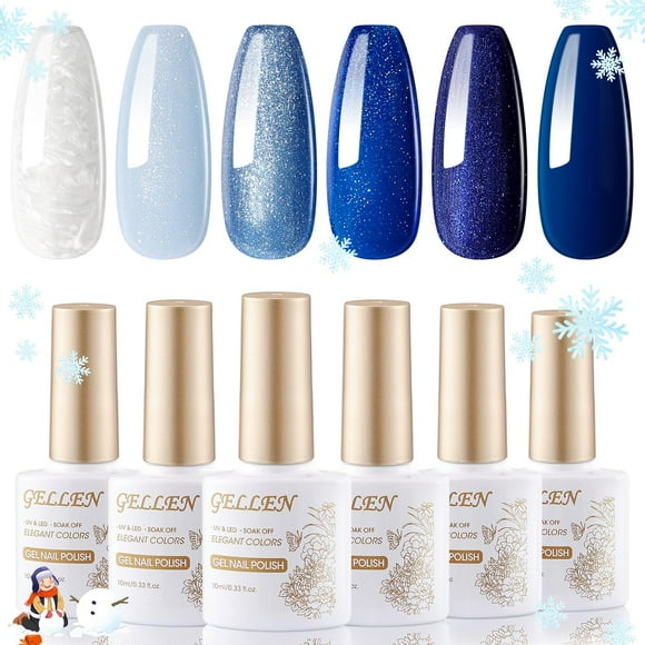 TRAHOO-Gel Nail Polish Set 6 Colors 10ML Navy Royal Blue Shades Glitter Pearlescent White Gel Polish Kit Soak Off UV Gel X Nail Art Design DIY Salon Manicure Christmas Nails Gift for Women Mom