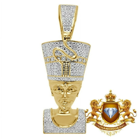 Real Diamond Egyptian Queen Nefertiti Pendant 10K Yellow Gold Finish Charm 2''