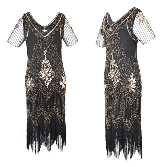 HKEJIAOI Fringe Dress Deals Clearance Birthday Dress Plus Size Vintage 1920s Flapper Tassel Great Evening Party Cocktail Dress Gold